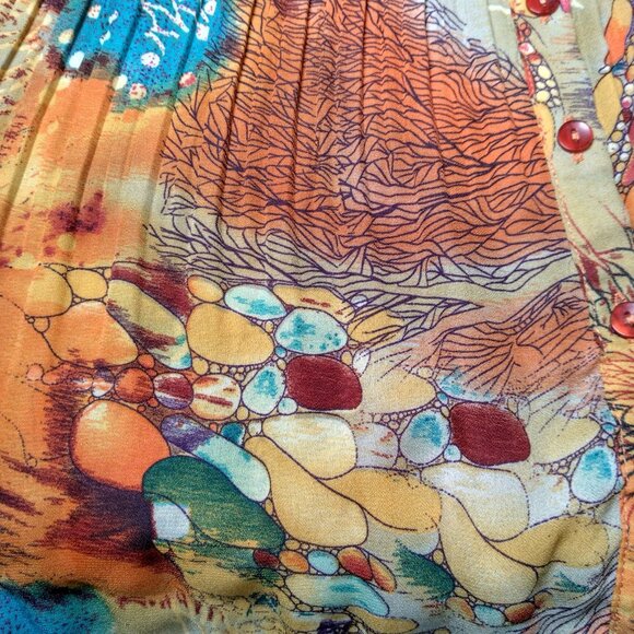 Dressbarn Shirt Large Sleeveless Pleated Button Up Orange Whimsical Forest Fairy - Picture 14 of 16